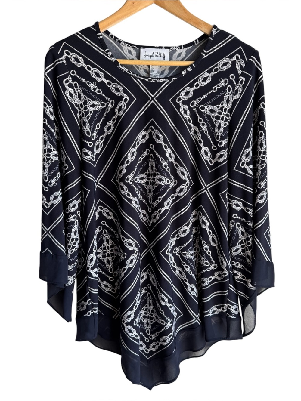 Joseph Ribkoff Chain Print Tunic Top Sz 10 Navy Bell Sleeve Stretch Shirt